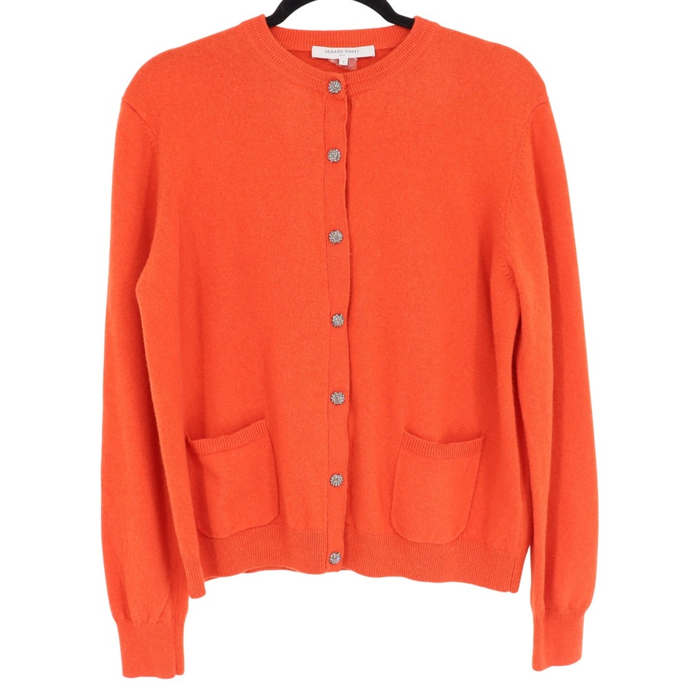 Gerard Darel Leandro Merino Cardigan Sweater Size 3 Orange Jeweled Snap Front